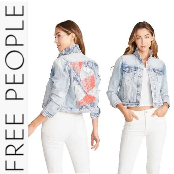 NWT Free People x Driftwood Trucker Bandana Insert Denim Jacket xs - Picture 2 of 12